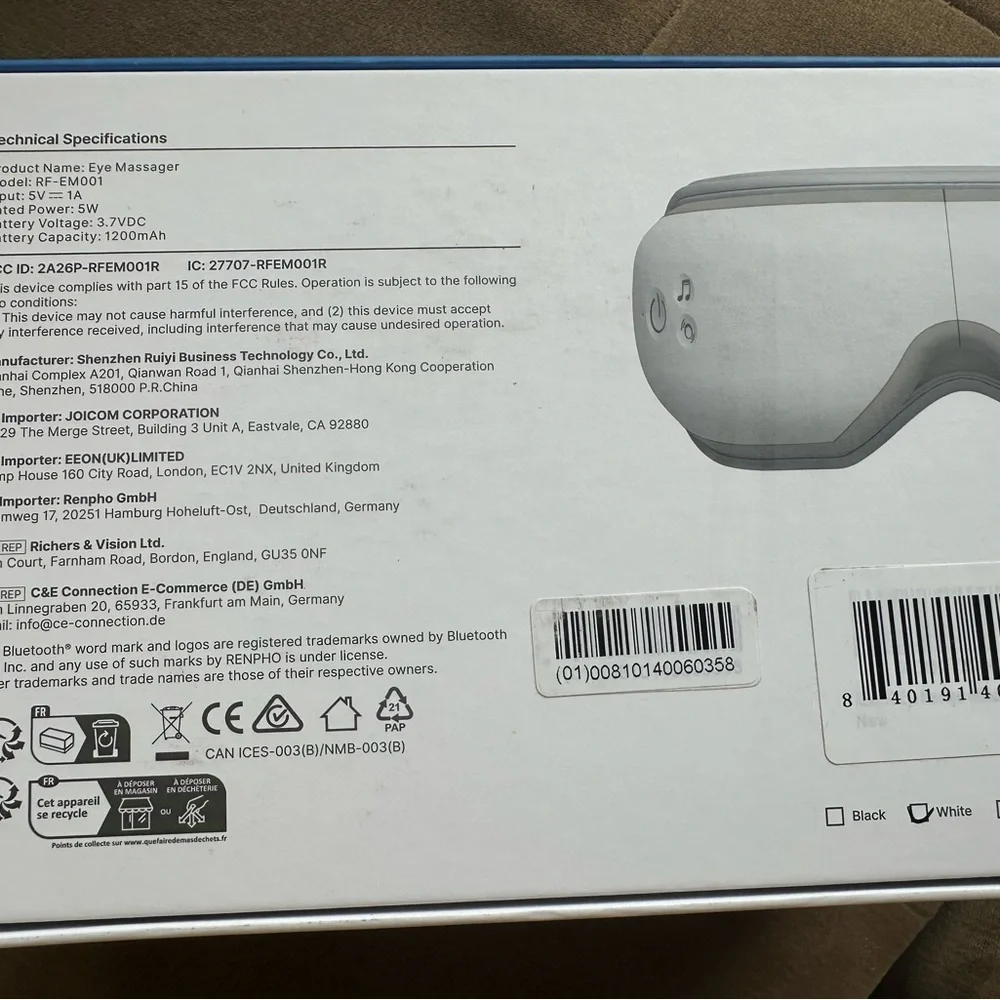 Renpho eyeris 1 Gray, white Eye Massager, new in box, Bluetooth, heating